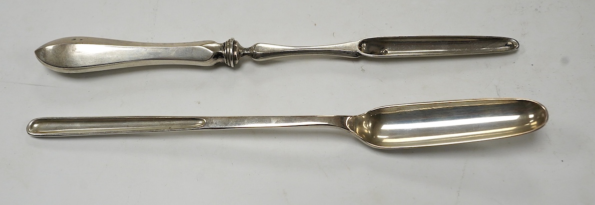 An Elizabeth II silver marrow scoop, by Francis Howard Ltd, Sheffield, 1977, 21.6cm, together with a Dutch 833 standard white metal marrow scoop. Condition - fair